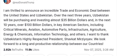 Trump announces $35 billion trade deal with Uzbekistan over three years
