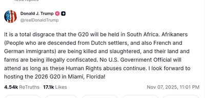 Trump criticizes G20 in South Africa, cites Afrikaner human rights abuses