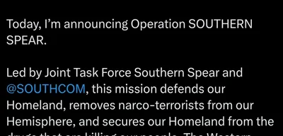 US Secretary of War Pete Hegseth announces Operation 'SOUTHERN SPEAR'