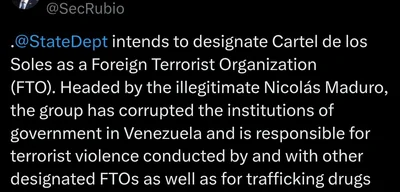 US Secretary of State Marco Rubio announces Cartel de los Soles FTO designation