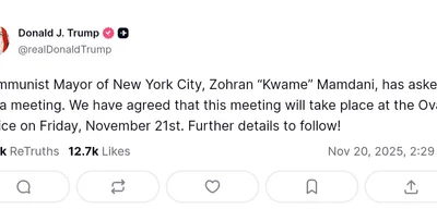 Trump to meet NYC Mayor-elect Zohran Mamdani on November 21