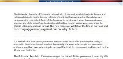 Venezuela rejects US designation of "Cartel de los Soles" as terrorist group
