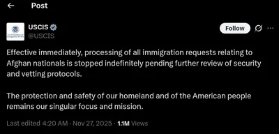 USCIS halts processing of immigration requests for Afghan nationals