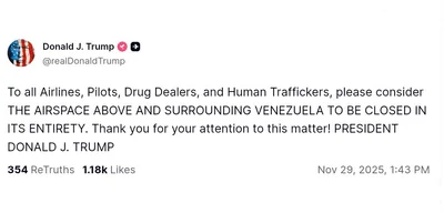Trump declares airspace above Venezuela closed to airlines and traffickers