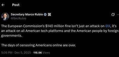 Marco Rubio condemns European Commission's $140M fine as attack on US tech