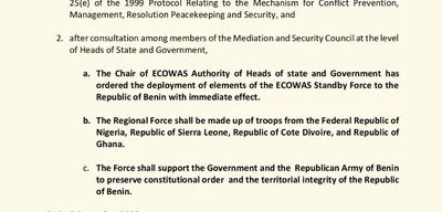 ECOWAS to deploy Standby Force to Benin after failed coup attempt