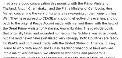 Trump announces ceasefire agreement between Thailand and Cambodia