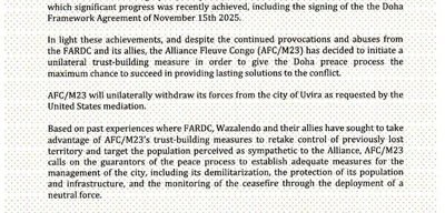AFC/M23 rebels to withdraw from Uvira, DR Congo, at US request
