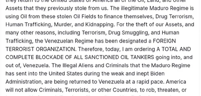 Trump orders total blockade of sanctioned oil tankers to Venezuela