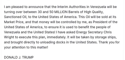 Trump announces Venezuela to transfer 30-50 million barrels of oil to US