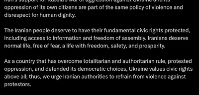 Ukraine urges international community to pressure Iran over violence and support for Russia