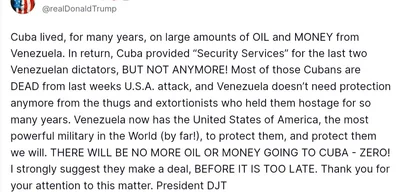 Trump declares no more oil or money will go to Cuba from Venezuela