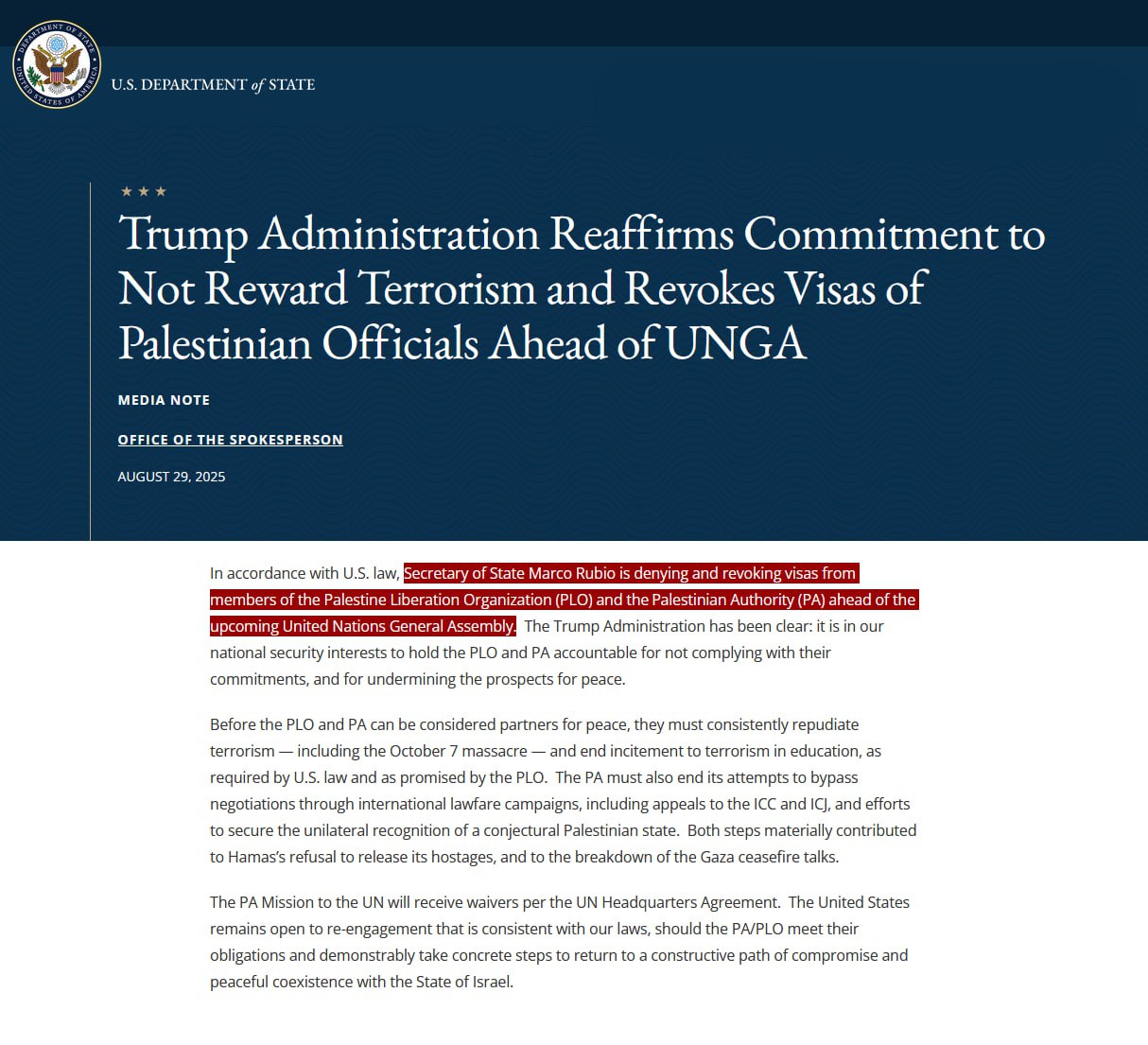 Trump Admin Revokes Visas for Palestinian Officials Ahead of UNGA