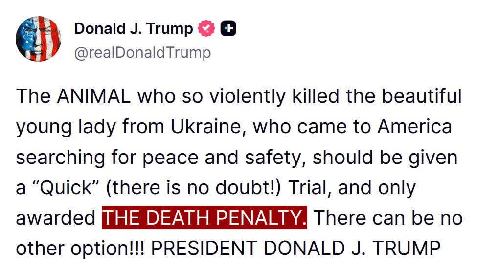 Trump Calls for Death Penalty for Killer of Iryna Zarutska