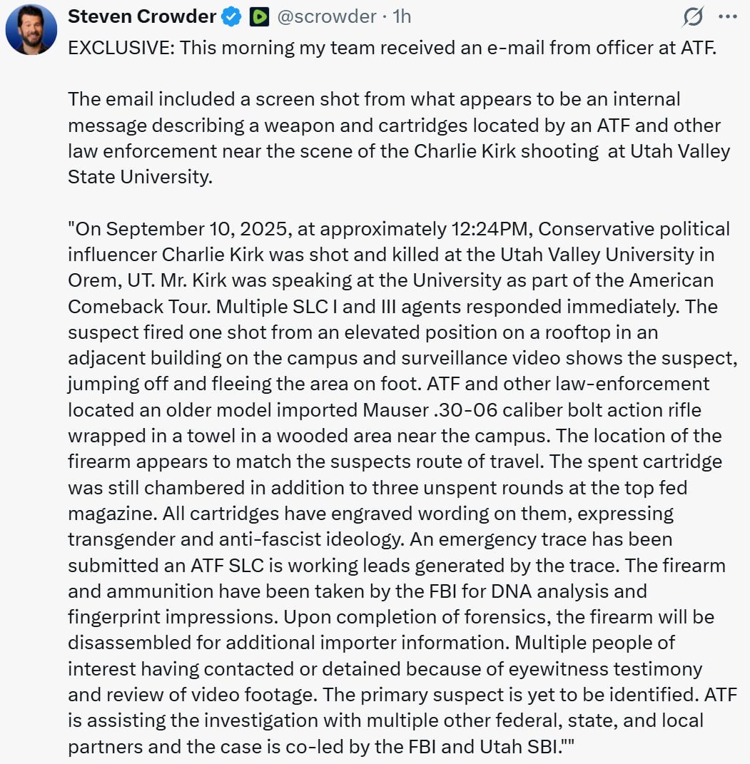 ATF Memo Reveals Cartridges Linked to Transgender Ideology in Kirk Case