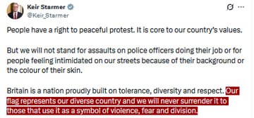 Starmer: UK flag symbolizes diversity, will not surrender it to violence