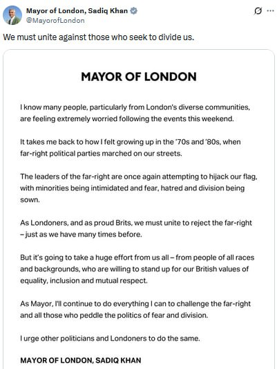 Mayor Sadiq Khan says 'Unite the Kingdom' rally worries diverse communities
