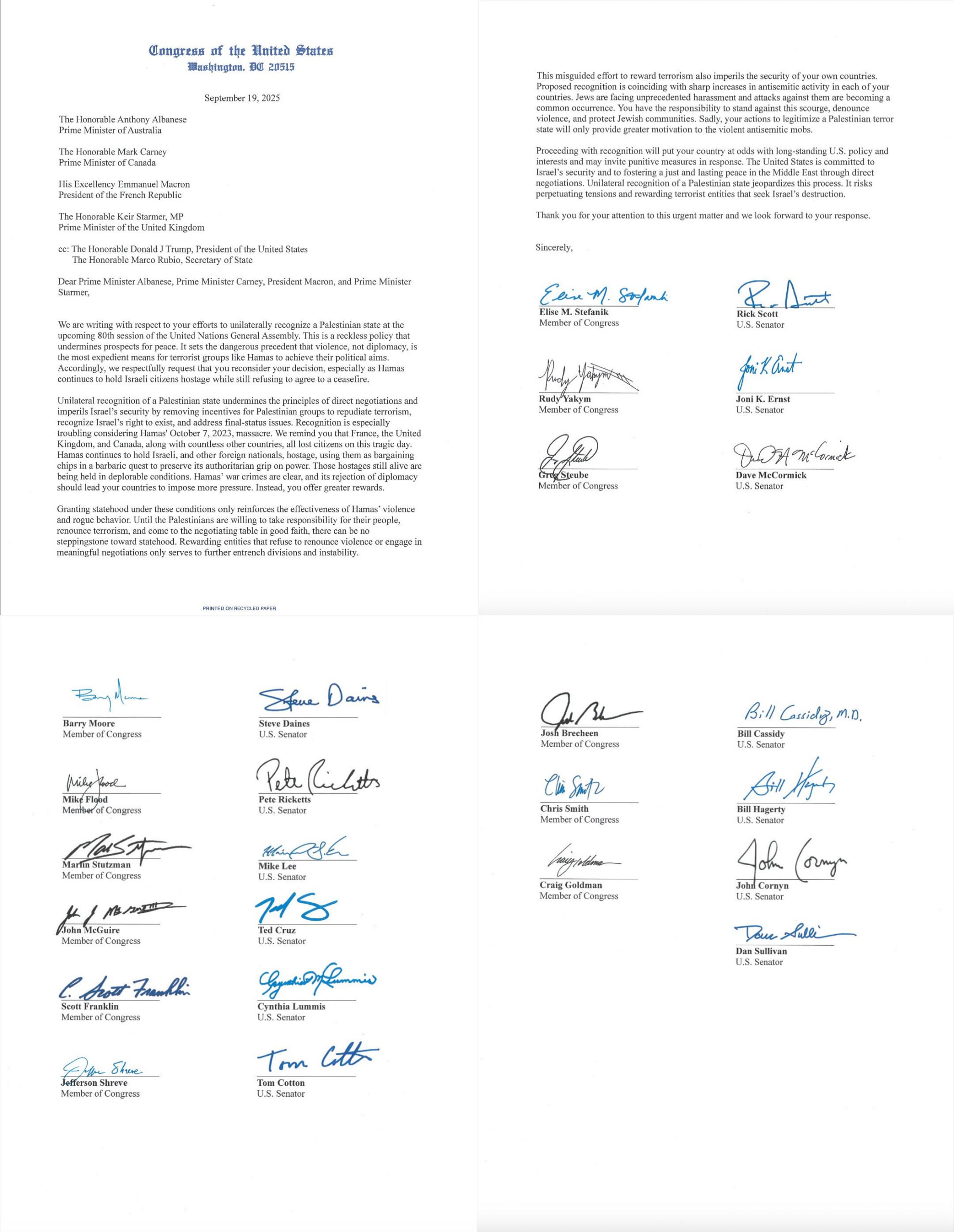 U.S. Congress members urge France, Canada, UK, and Australia to reject Palestinian state recognition