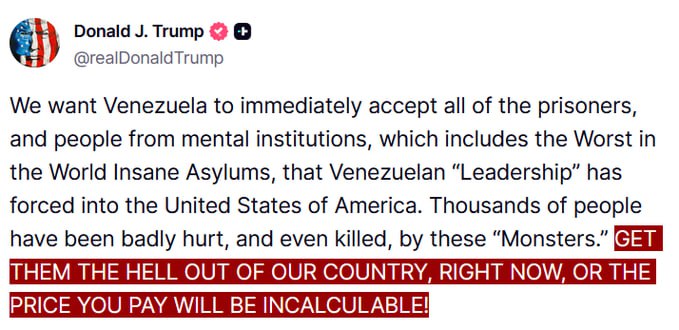 Trump warns Venezuela to take back 'monsters' or face 'incalculable' price