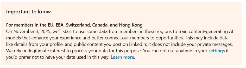 LinkedIn to use data from European users for AI training starting November 3