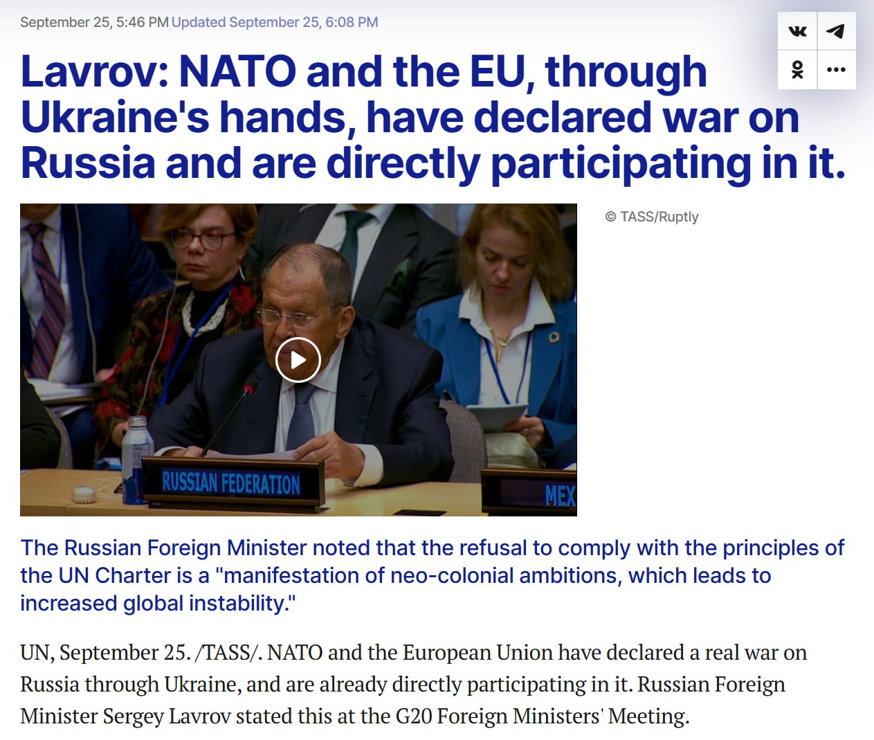 Lavrov: NATO and EU have declared war on Russia, participating directly