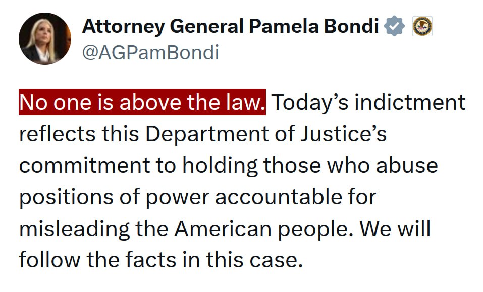 Pam Bondi on Comey's indictment: 'No one is above the law.'