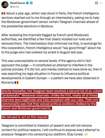Pavel Durov says French intelligence requested censorship of Moldovan Telegram channels