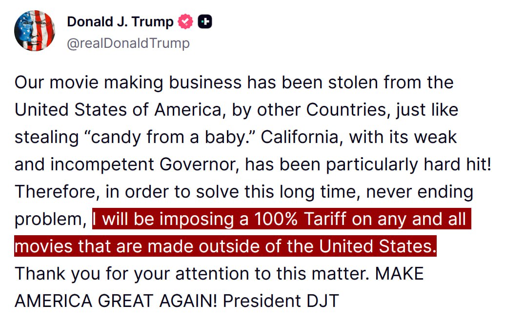 Trump to impose 100% tariff on all foreign-made movies