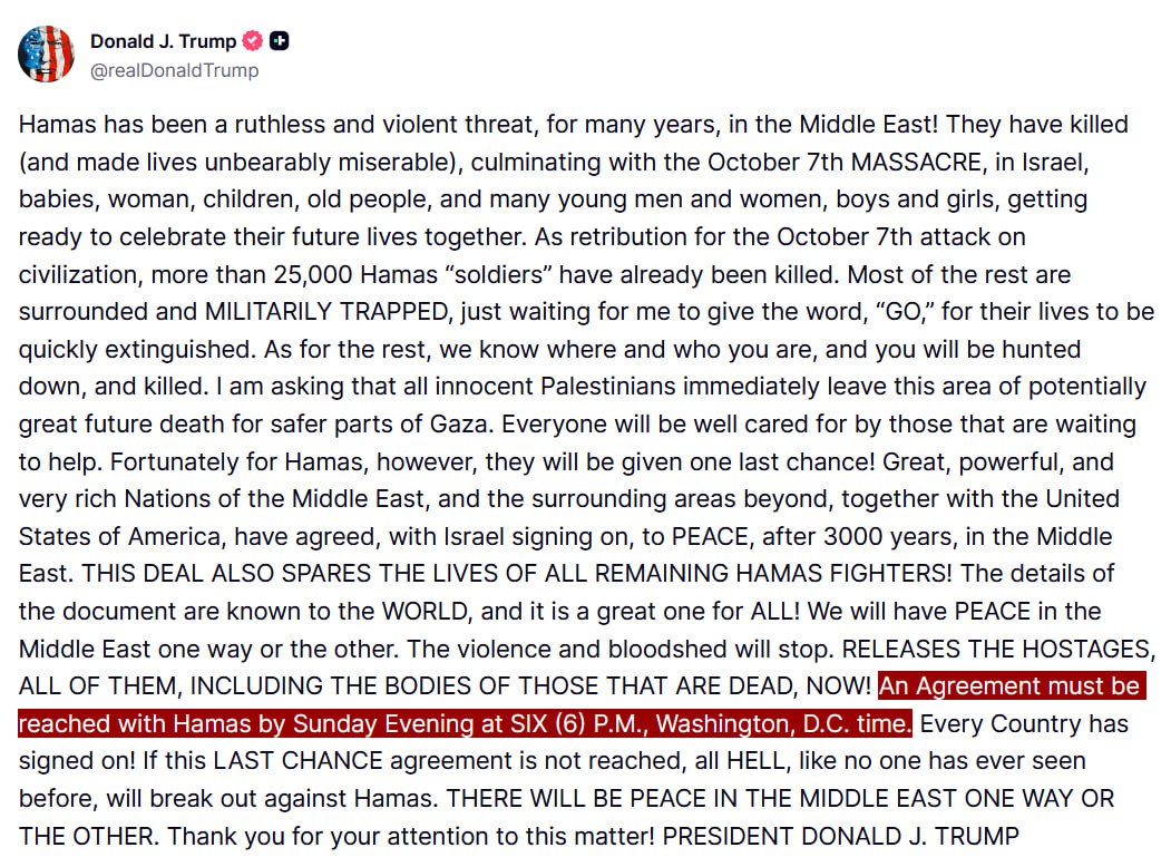 Trump gives Hamas deadline of Sunday at 6PM ET for deal