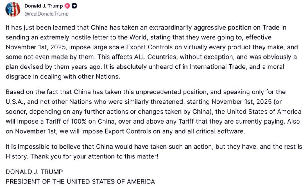 Trump to impose 100% tariff on China starting November 1st