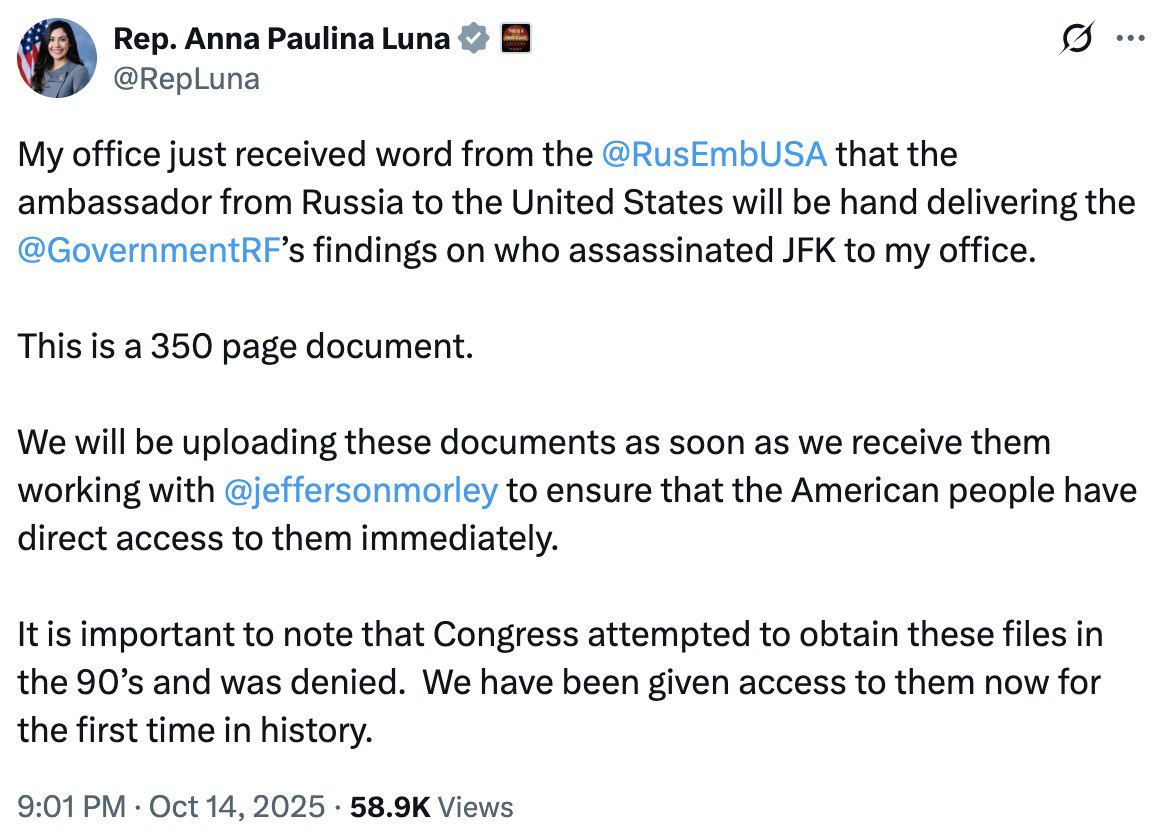Russia to hand over 350-page document on JFK assassination, says Rep. Luna