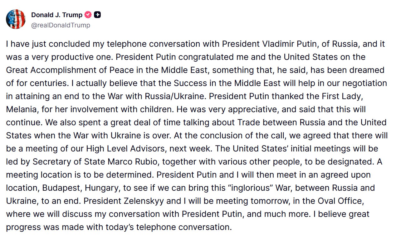 Trump concludes call with Putin, announces meetings next week
