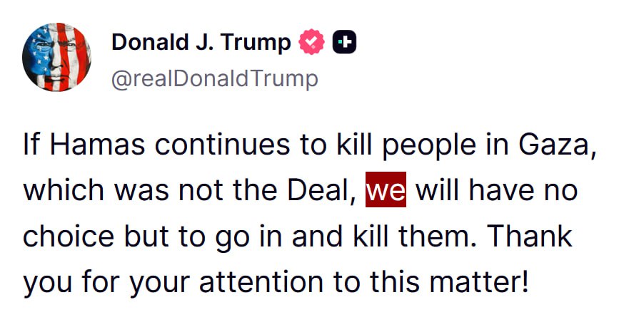 Trump warns of action against Hamas if killings continue