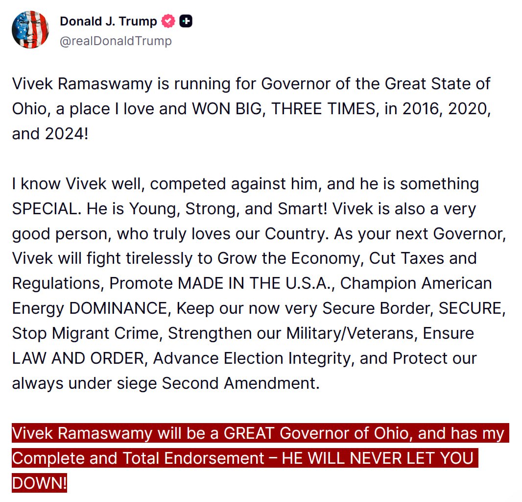 Trump endorses Vivek Ramaswamy for Governor of Ohio
