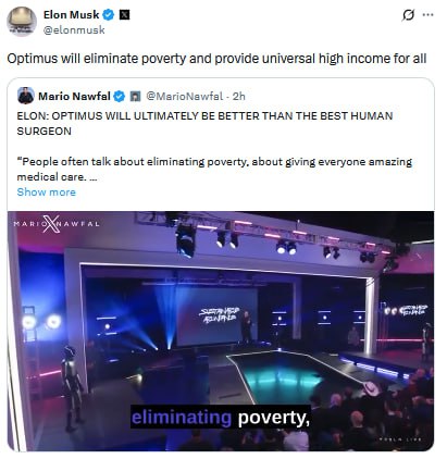 Musk says Optimus robot will eliminate poverty and provide universal high income