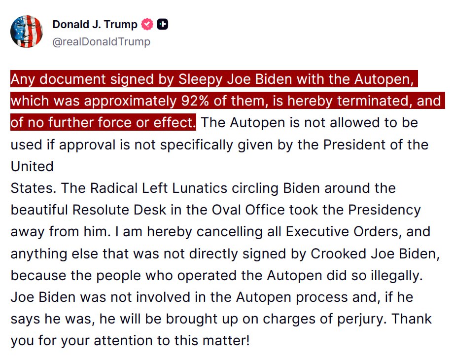 Trump rescinds executive orders signed under Biden using auto-pen