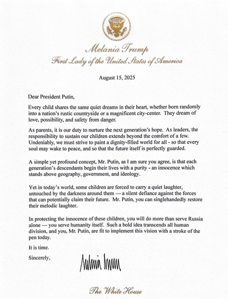 Melania Trump Calls on Putin to Protect Children's Innocence in Open Letter