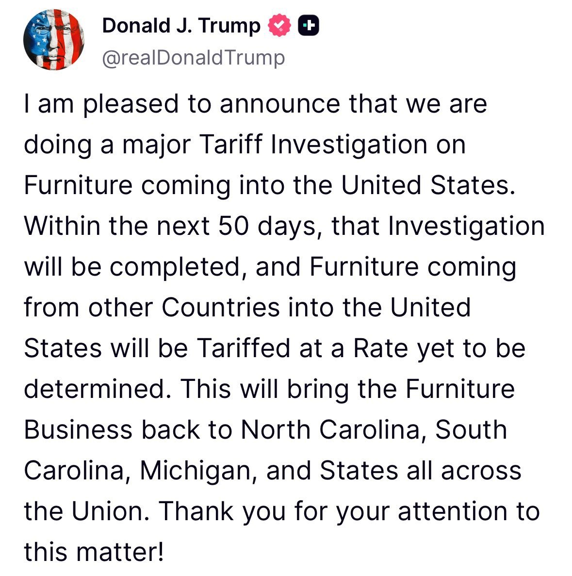 Breaking: Trump Announces 25% Tariffs on Imported Furniture in 50 Days