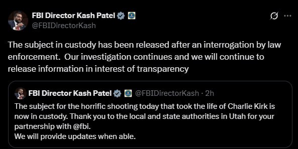 FBI Releases Suspect After Questioning in Charlie Kirk Murder Case
