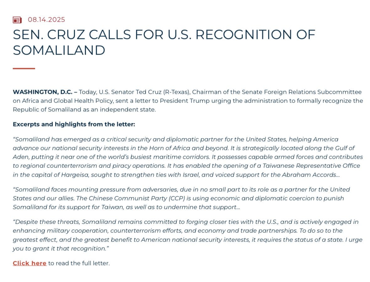 Sen. Cruz Pressures Trump to Recognize Somaliland as Key Ally Against Terrorism