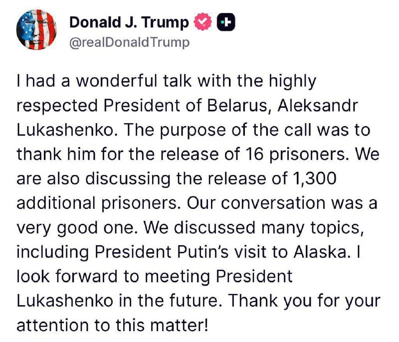Trump and Lukashenko Discuss Release of 1,300 Belarusian Prisoners, Future Meeting Planned