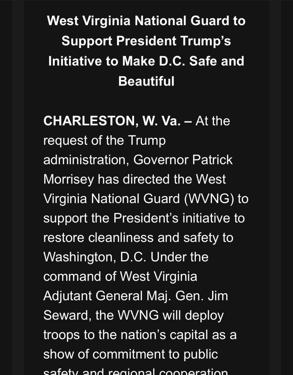 West Virginia Governor Sends 400 National Guard Troops to DC for Critical Mission