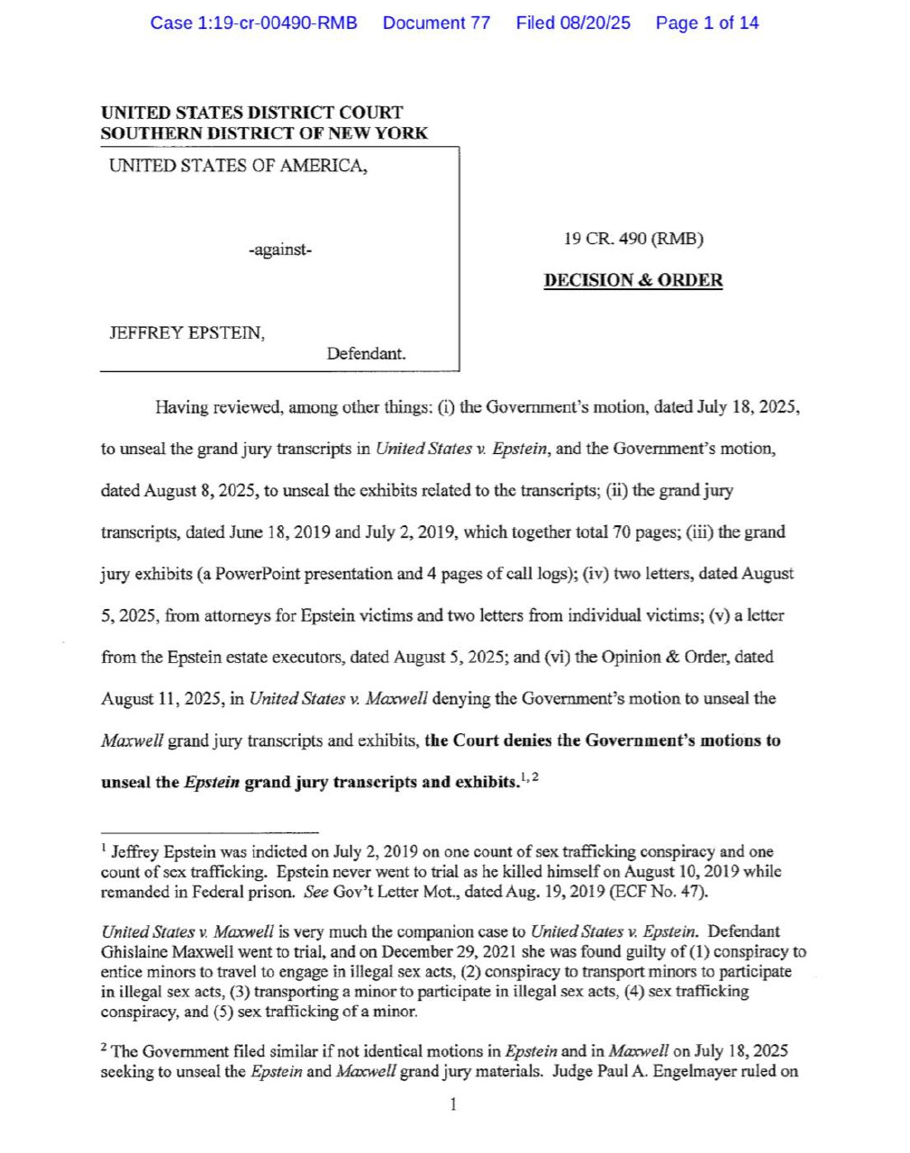 Breaking: Judge Berman Rejects Grand Jury Transcript Unsealing in Epstein Case