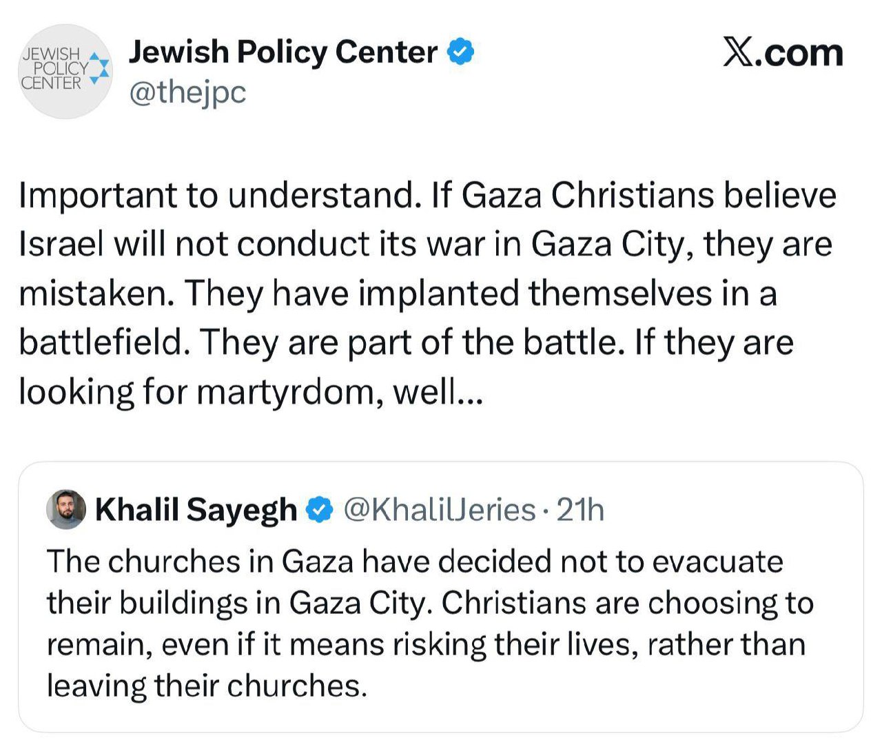 Jewish Policy Center Threatens Christian Palestinians in Gaza Churches