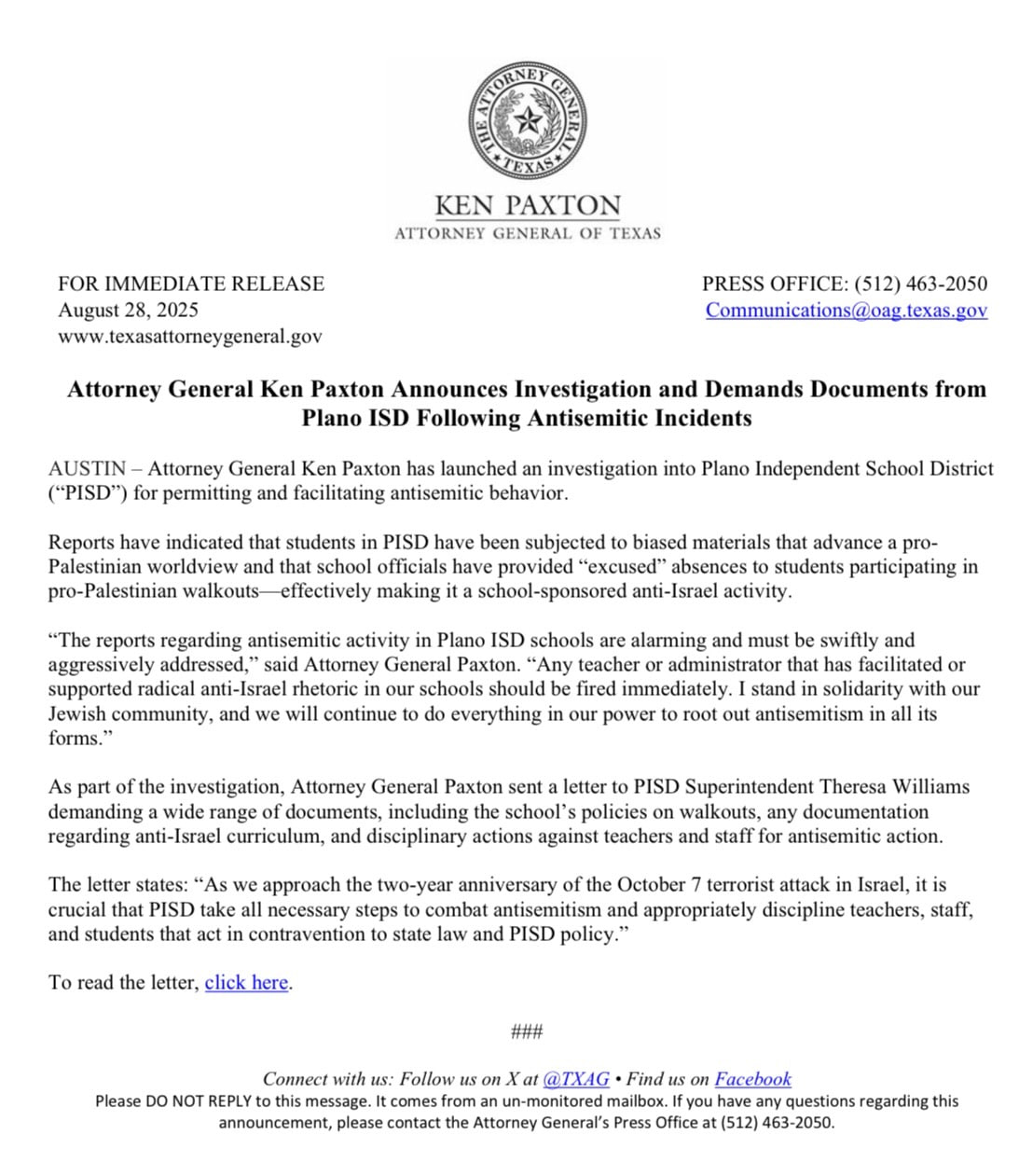 Texas AG Paxton Demands Action Against Antisemitism in Schools