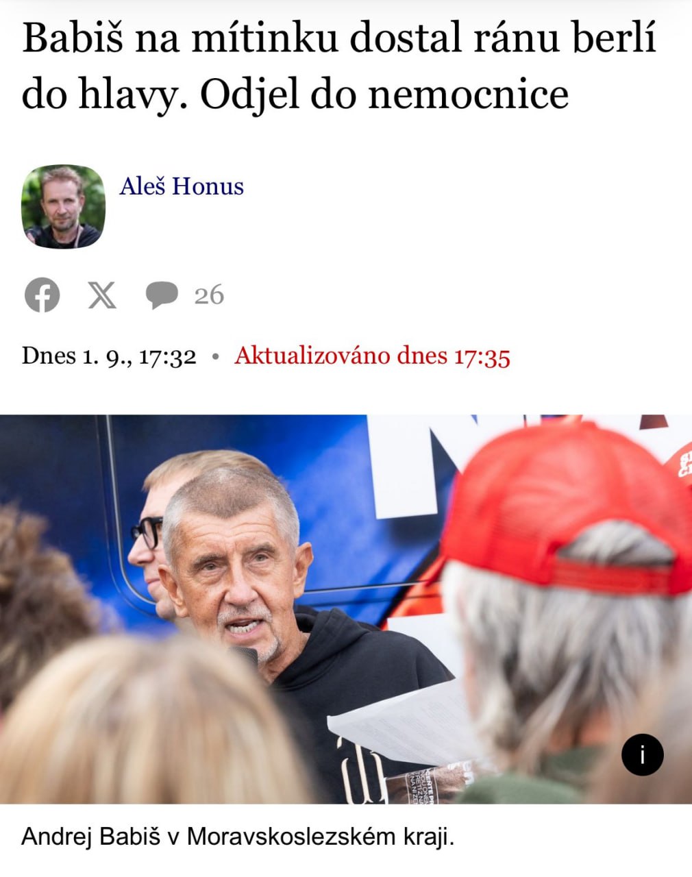 Rightwing Leader Andrej Babiš Hospitalized After Cane Attack at Rally