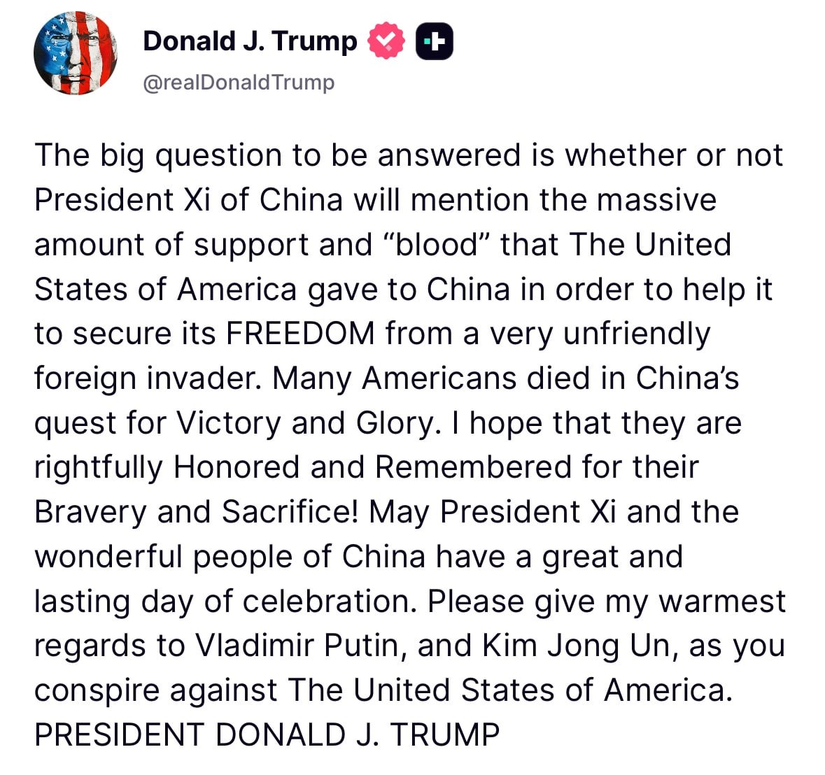 Trump Urges Xi to Reflect on U.S. Sacrifices Amid Military Parade