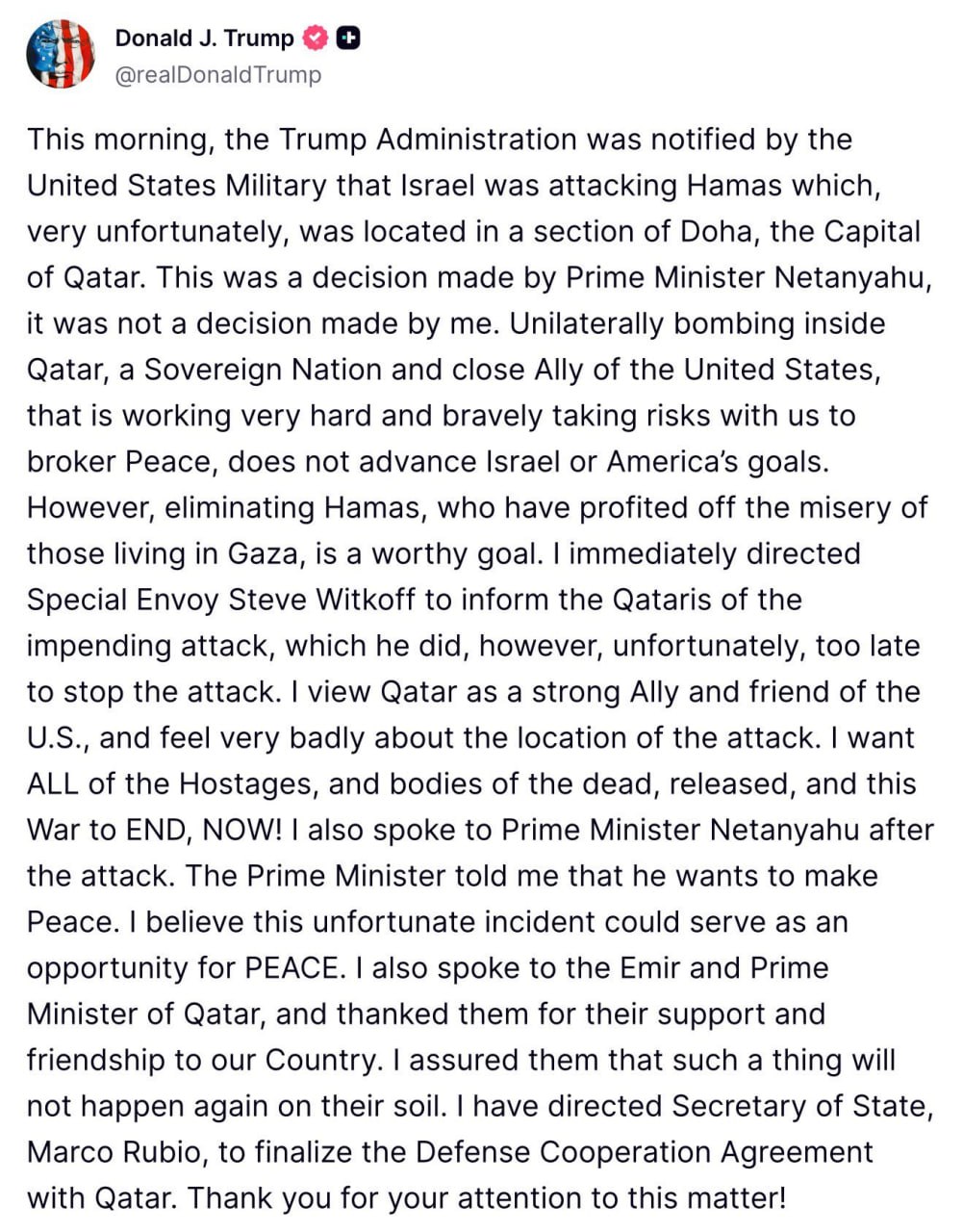Trump Expresses Regret Over Israeli Bombing of Doha, Backs Action