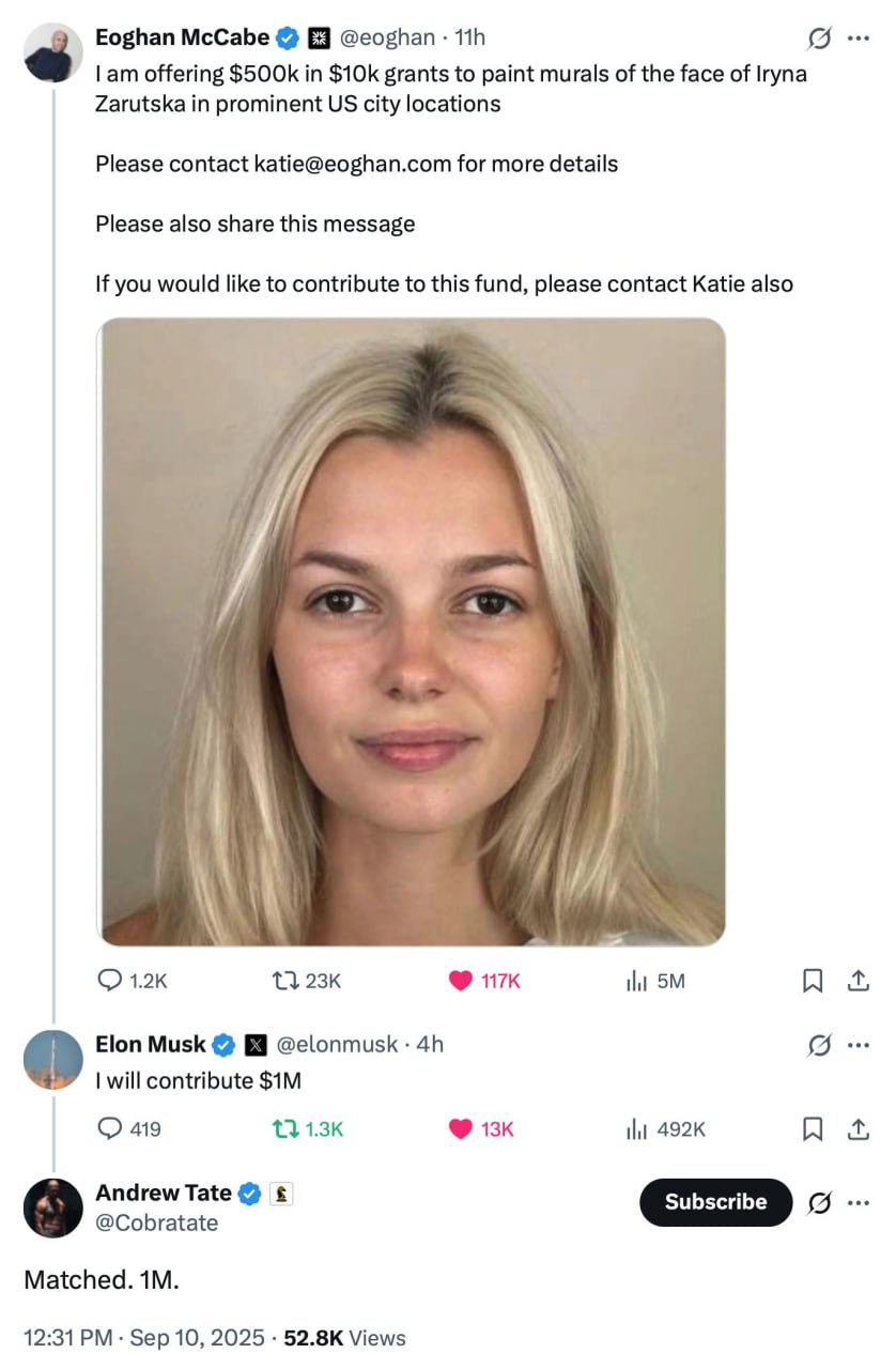 Musk and Tate Pledge $1 Million for Iryna Zarutska Murals Nationwide