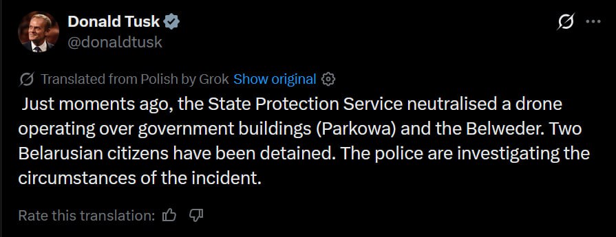 Polish Prime Minister Tusk: Drone shot down over government building